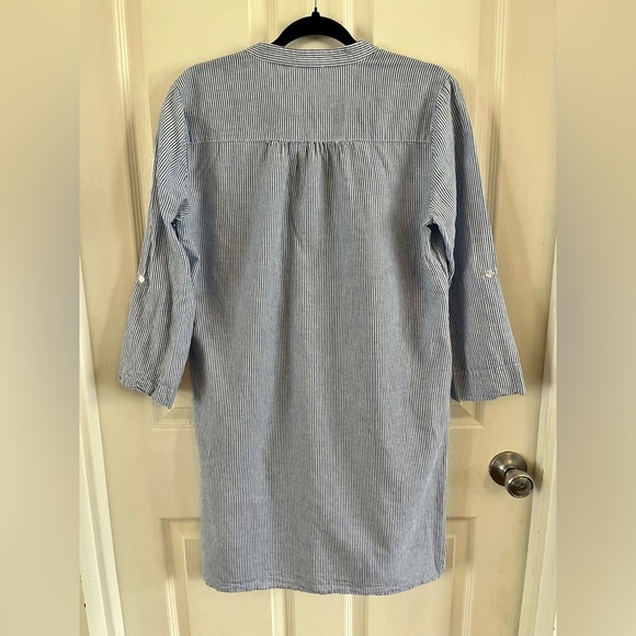 Tahari Linen Blend blue & white striped Long Sleeve Dress Size Small GUC Midi - Picture 9 of 15